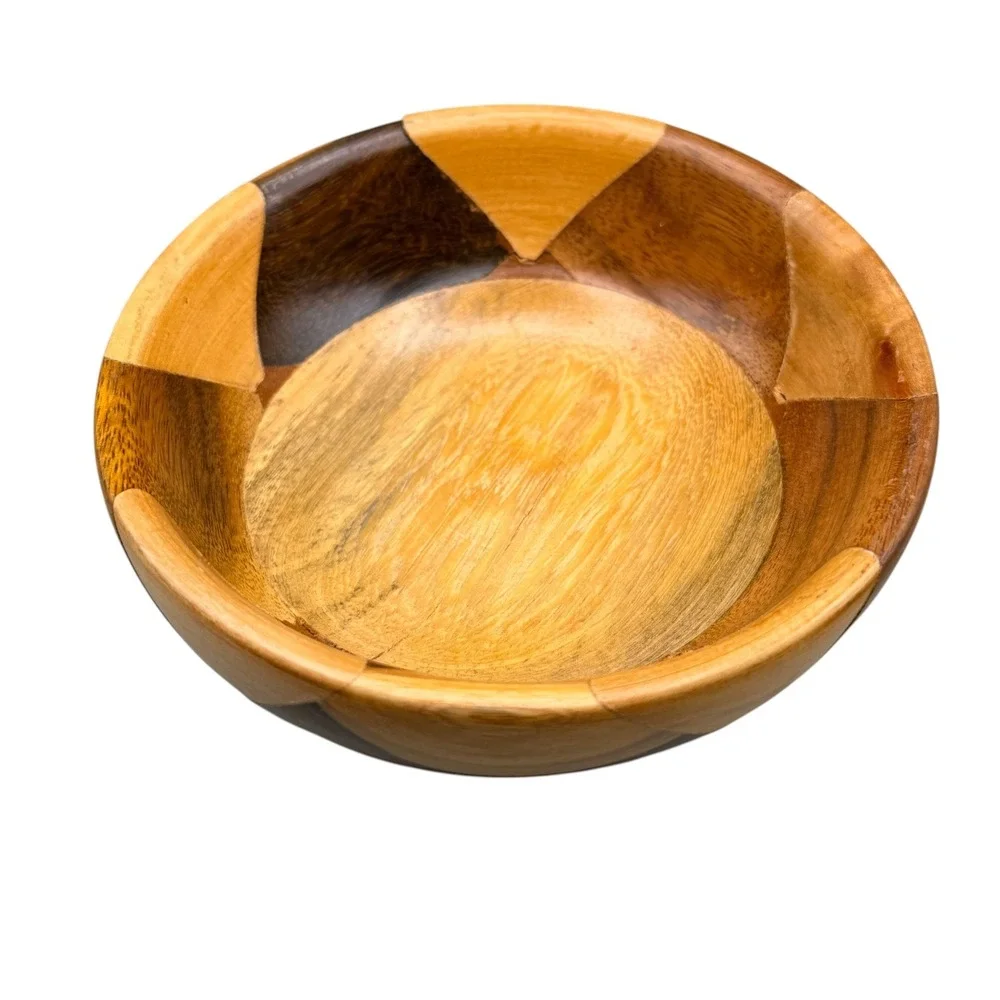 Vintage Patchwork Inlay Wood Bowl Geometric Mixed Tone Natural Wood Decor 5 Inch